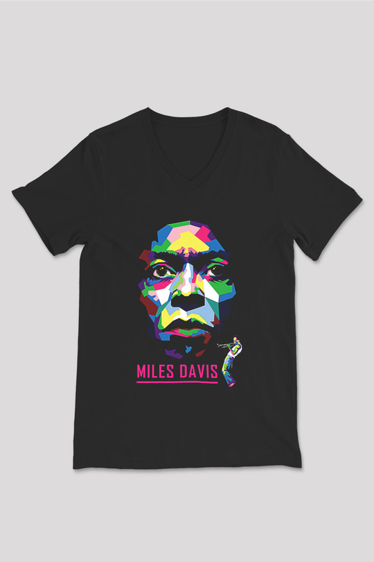 Miles Davis Baskılı Unisex Siyah V Yaka Tişört - Tshirt