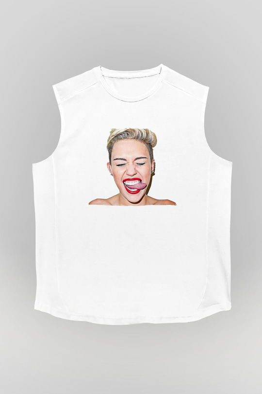 Miley Cyrus Baskılı Beyaz Unisex Kolsuz Tişört - Tshirt