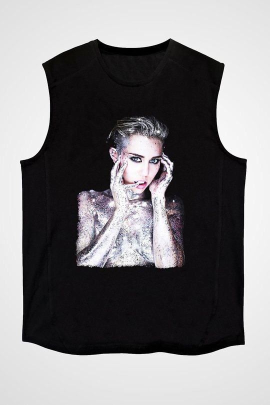 Miley Cyrus Baskılı Unisex Siyah Kolsuz Tişört - Tshirt