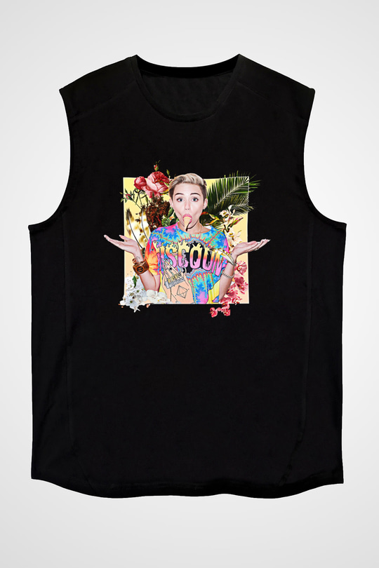 Miley Cyrus Baskılı Unisex Siyah Kolsuz Tişört - Tshirt