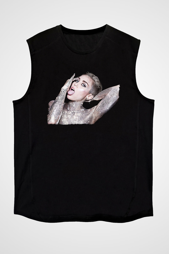 Miley Cyrus Baskılı Unisex Siyah Kolsuz Tişört - Tshirt