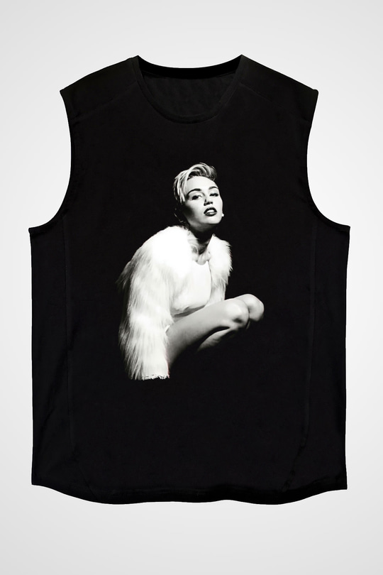 Miley Cyrus Baskılı Unisex Siyah Kolsuz Tişört - Tshirt
