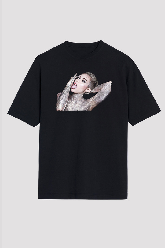Miley Cyrus Baskılı Unisex Siyah Oversize Tişört - Tshirt