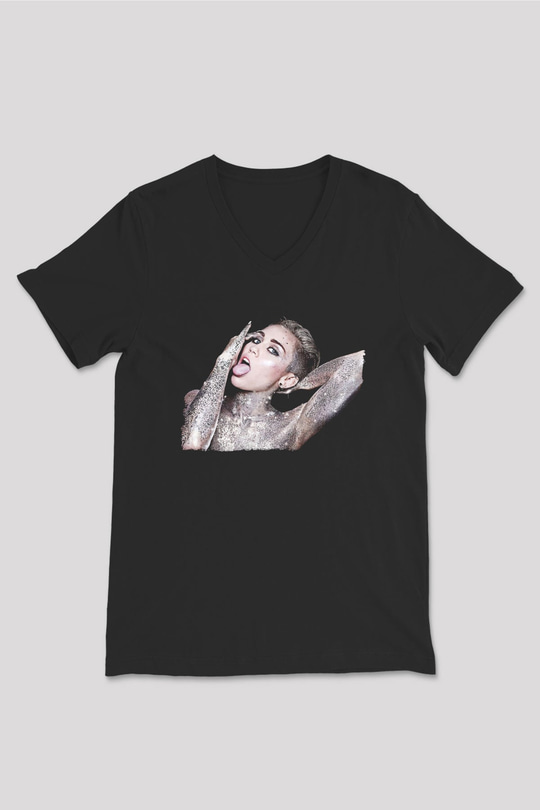Miley Cyrus Baskılı Unisex Siyah V Yaka Tişört - Tshirt