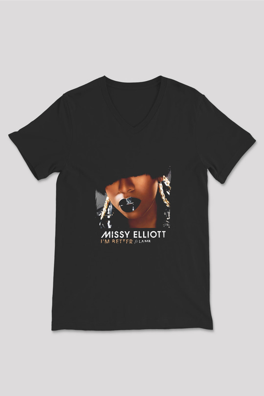 Missy Elliott Baskılı Unisex Siyah V Yaka Tişört