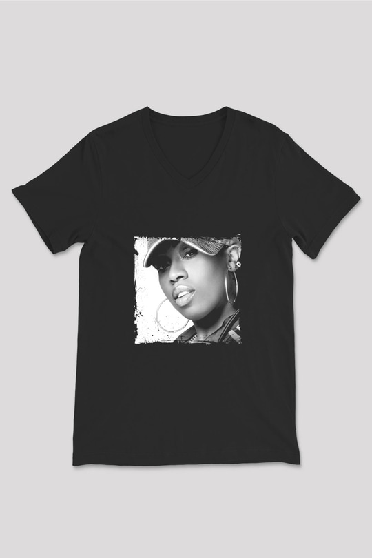 Missy Elliott Baskılı Unisex Siyah V Yaka Tişört