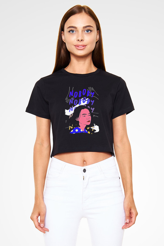 Mitski Baskılı Baskılı Siyah Crop Top Kadın Tişört - Tshirt