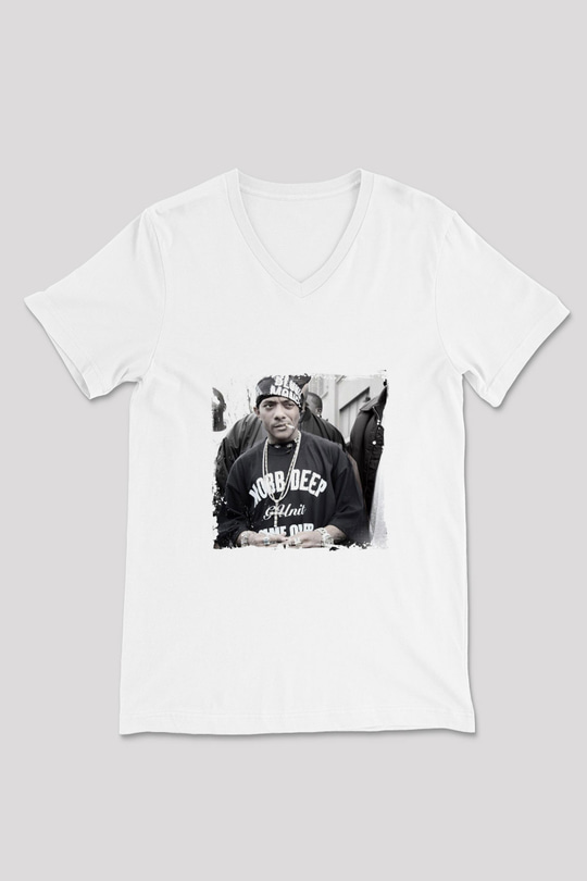 Mobb Deep Baskılı Beyaz V Yaka Unisex Tişört