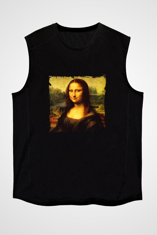 Mona Lisa Baskılı Unisex Siyah Kolsuz Tişört