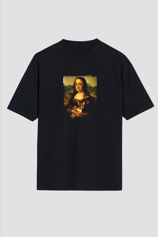 Mona Lisa Baskılı Unisex Siyah Oversize Tişört