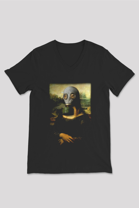 Mona Lisa Siyah Unisex V Yaka Tişört T-Shirt