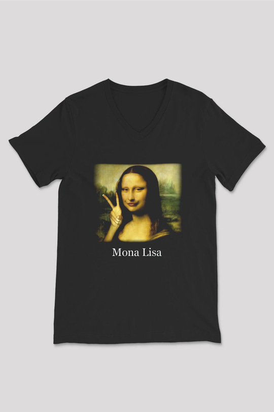 Mona Lisa Siyah Unisex V Yaka Tişört T-Shirt