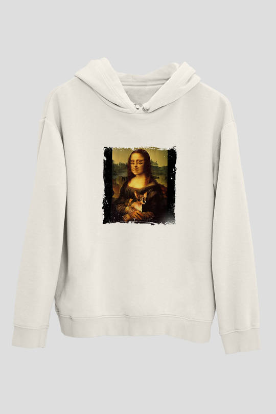 Mona Lisa Unisex Baskılı Beyaz Kapüşonlu Sweatshirt
