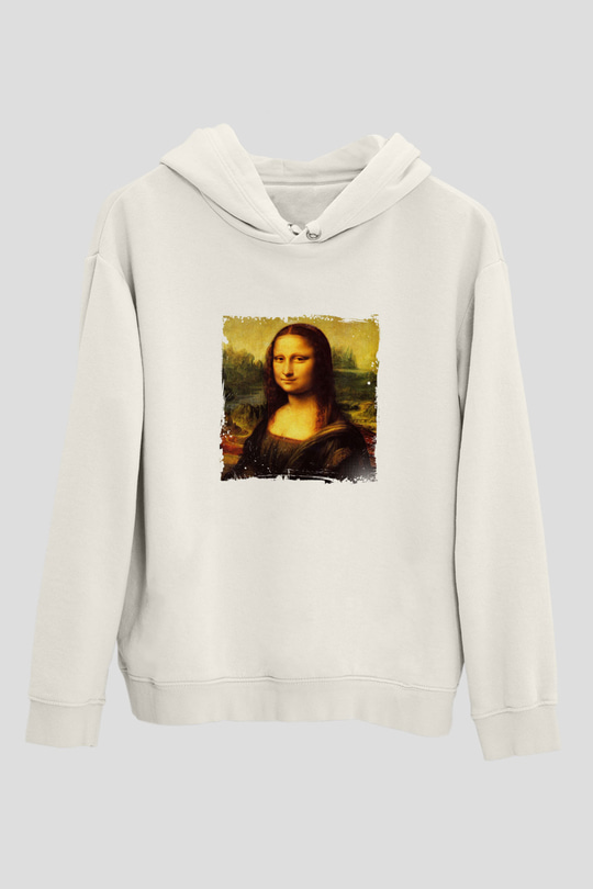 Mona Lisa Unisex Baskılı Beyaz Kapüşonlu Sweatshirt