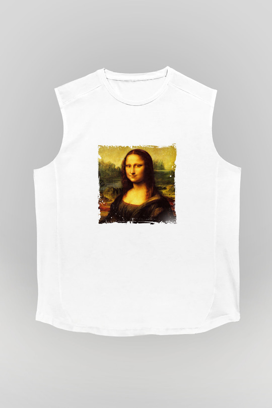 Mona Lisa Unisex Baskılı Beyaz Kolsuz Tişört