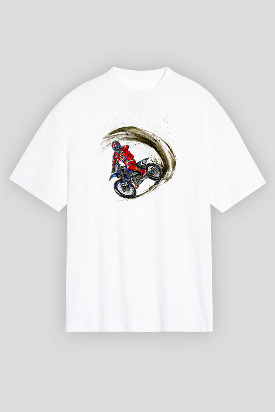 Motor Sporları Baskılı Unisex Beyaz Oversize Tişört - Tshirt