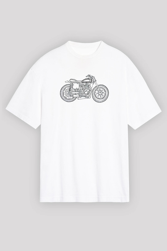 Motor Sporları Baskılı Unisex Beyaz Oversize Tişört - Tshirt