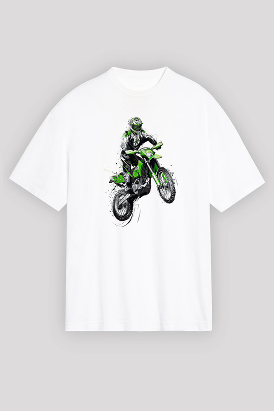 Motor Sporları Baskılı Unisex Beyaz Oversize Tişört - Tshirt