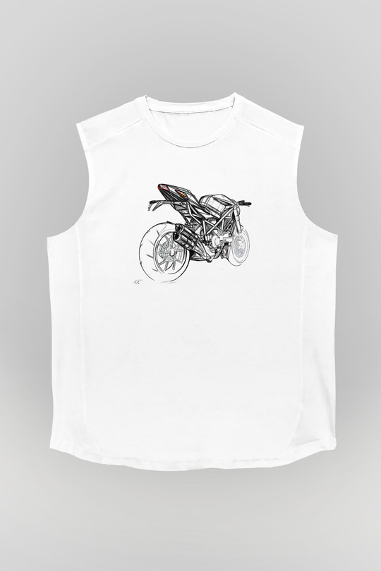Motor Sporları Baskılı Unisex Kolsuz Beyaz Tişört