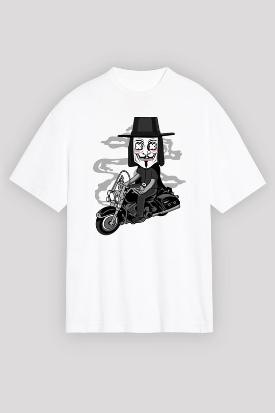 Motorcu Vendetta Baskılı Unisex Beyaz Oversize Tişört