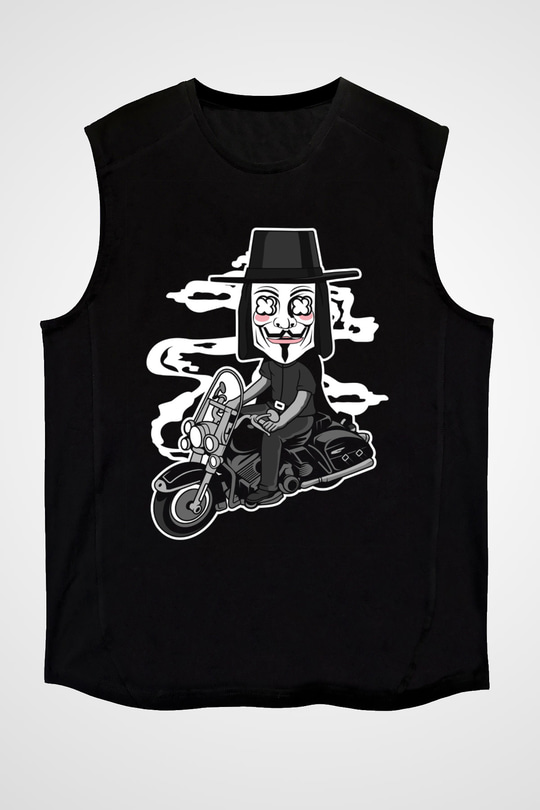Motorcu Vendetta Baskılı Unisex Siyah Kolsuz Tişört