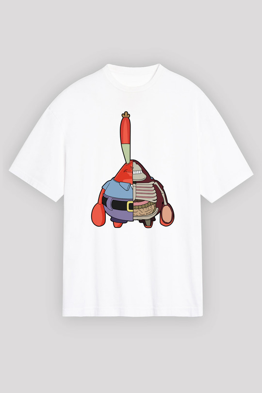 Mr Krabs Half Skeleton Baskılı Beyaz Unisex Oversize Tişört