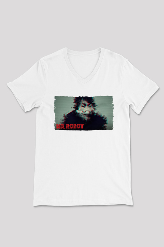 Mr. Robot Beyaz Unisex V Yaka Tişört