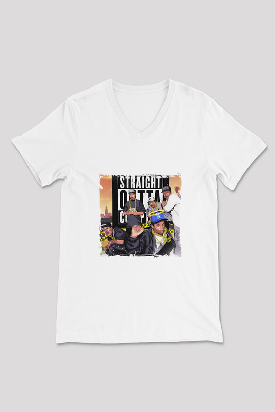 N.W.A Baskılı Beyaz V Yaka Unisex Tişört