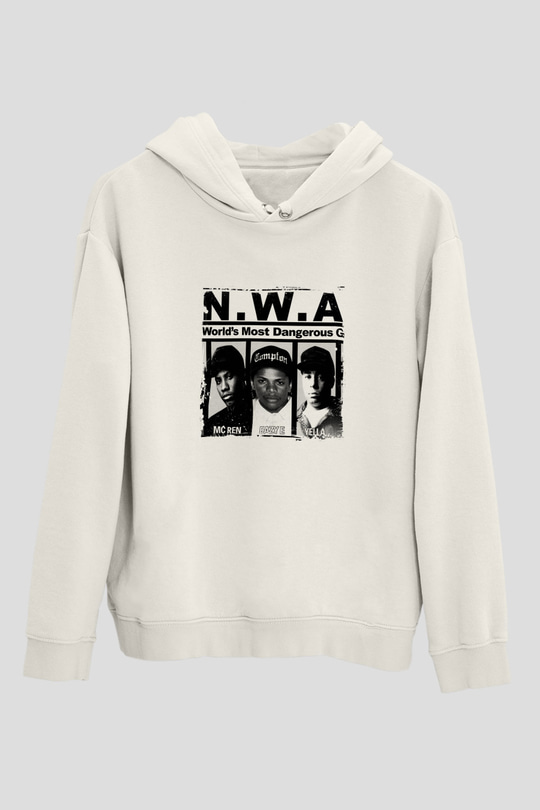 N.W.A Baskılı Unisex Beyaz Kapüşonlu Sweatshirt