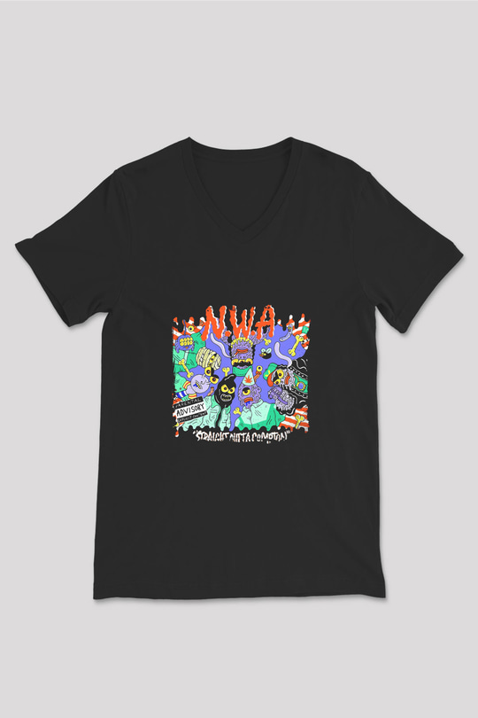 N.W.A Baskılı Unisex Siyah V Yaka Tişört