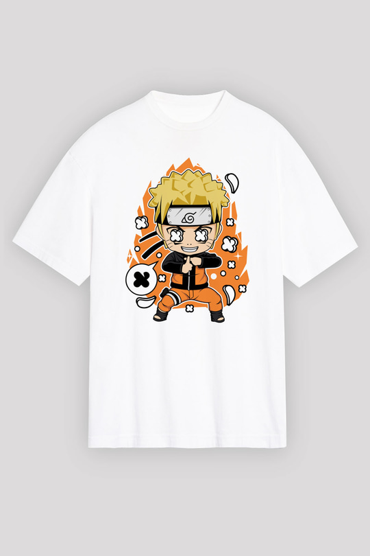 Naruto Baskılı Unisex Beyaz Oversize Tişört