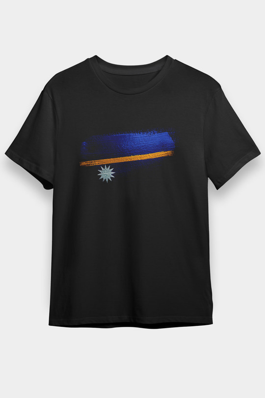 Nauru Bayrağı Baskılı Unisex Siyah Tişört