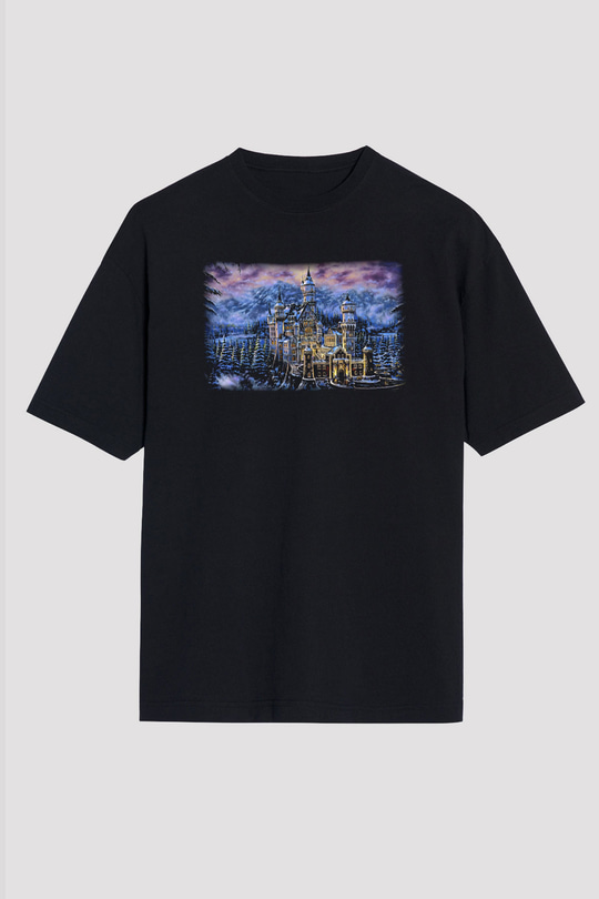 Neuschwanstein Şatosu Siyah Unisex Oversize Tişört T-Shirt