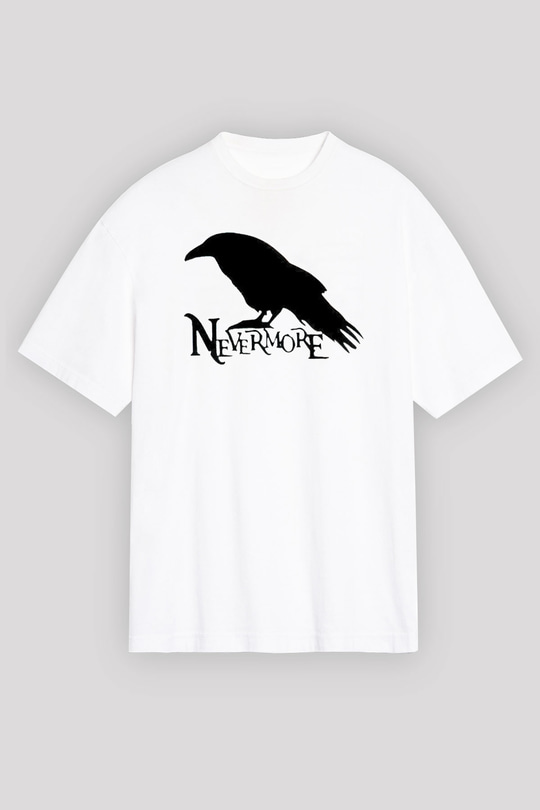 Nevermore Baskılı Beyaz Unisex Oversize Tişört - Tshirt