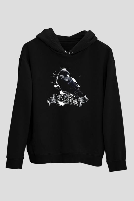 Nevermore Baskılı Unisex Siyah Kapüşonlu Sweatshirt
