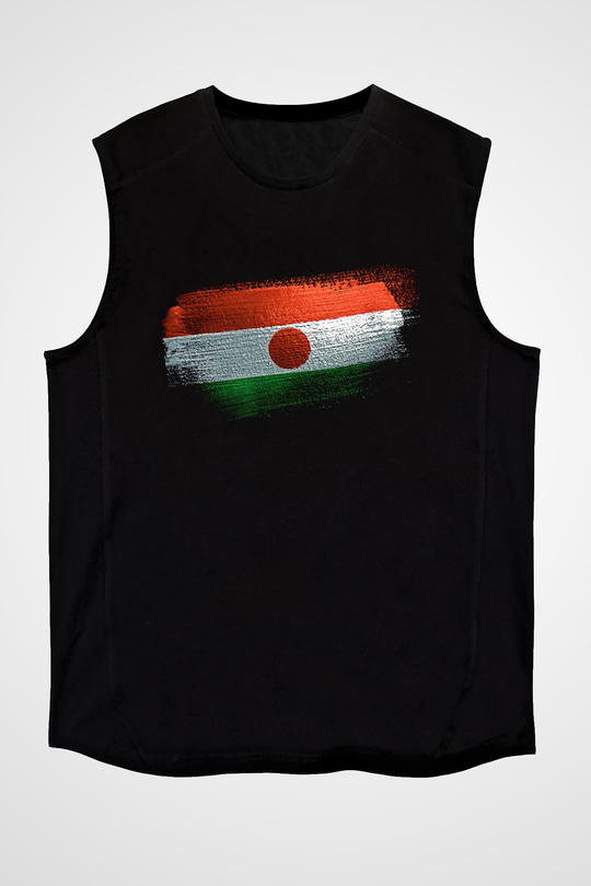 Nijer - Niger Bayrağı Baskılı Unisex Siyah Kolsuz Tişört