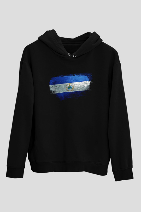 Nikaragua - Nicaragua Bayrağı Baskılı Unisex Siyah Kapüşonlu Sweatshirt