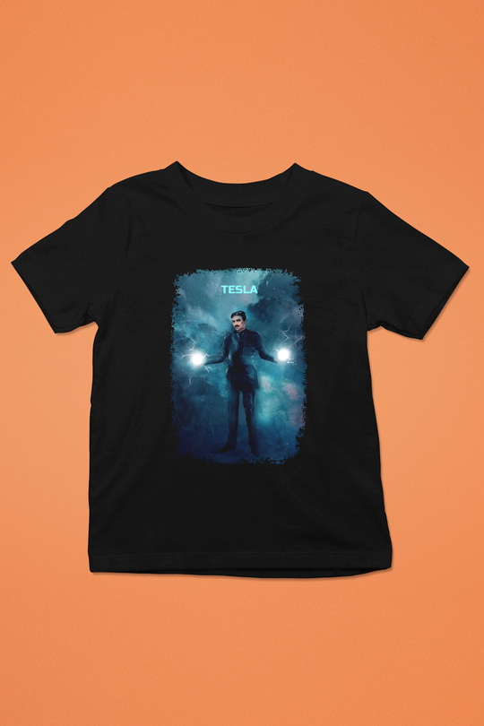 Nikola Tesla Renkli Çizim Baskılı Unisex Siyah Çocuk Tişörtü - Tshirt