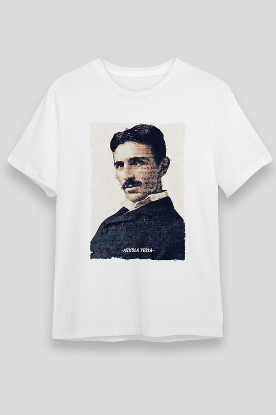Nikola Tesla Yazılı Portre Baskılı Unisex Beyaz Tişört - Tshirt