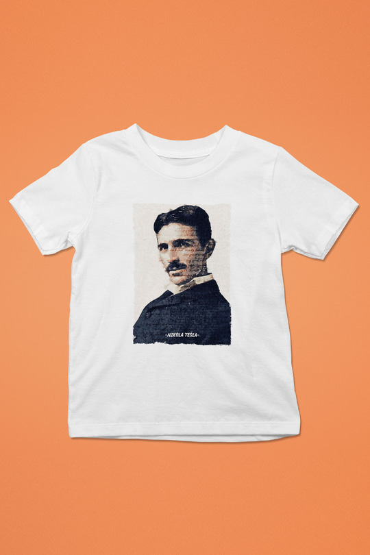 Nikola Tesla Yazılı Portre Baskılı Unisex Beyaz Çocuk Tişörtü - Tshirt