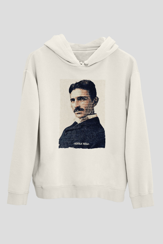 Nikola Tesla Yazılı Portre Baskılı Unisex Ekru Hoodie