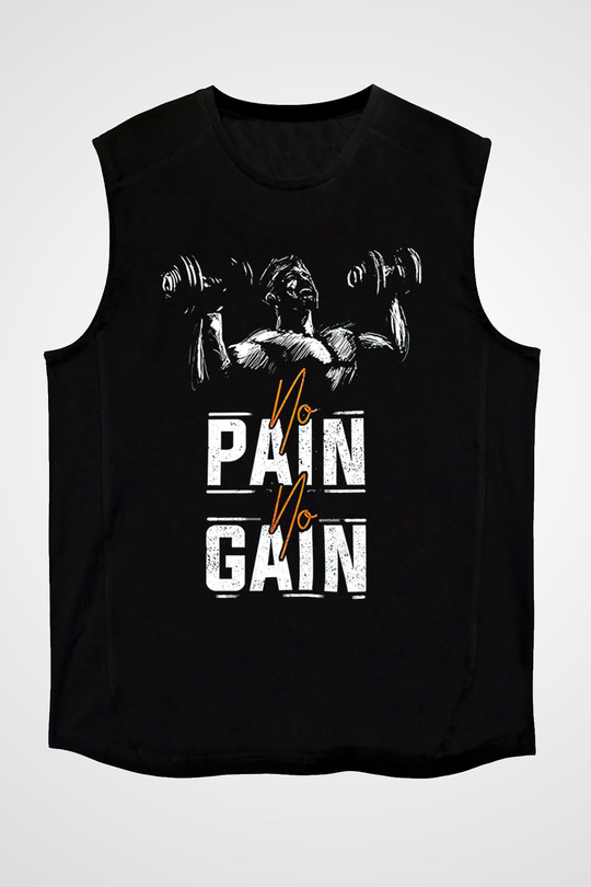 No pain No gain Baskılı Unisex Siyah  Kolsuz Tişört