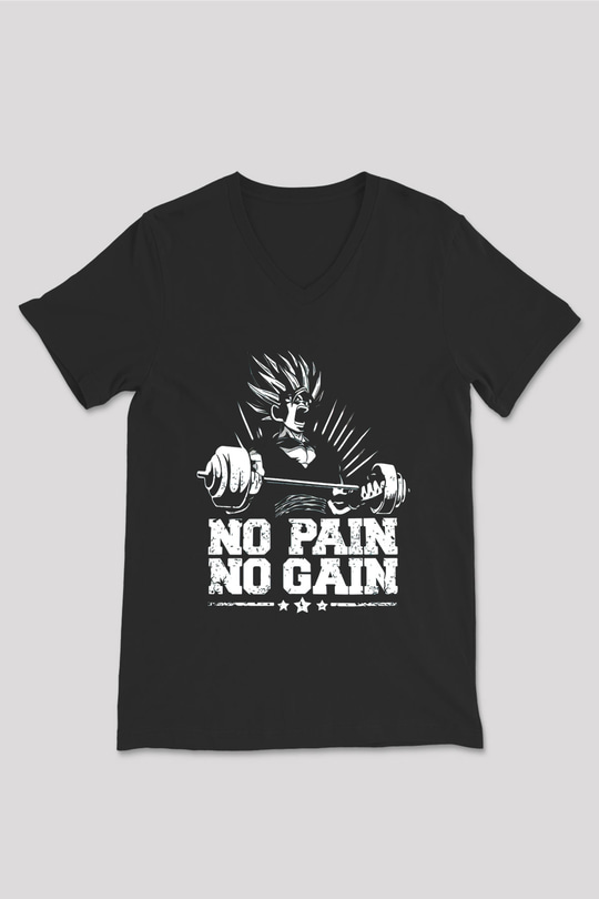 No Pain No Gain Baskılı Unisex Siyah  V Yaka Tişört