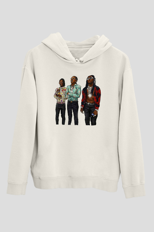 Offset Baskılı Beyaz Unisex Kapüşonlu Sweatshirt
