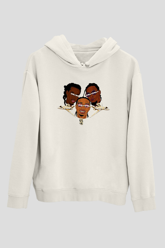 Offset Baskılı Beyaz Unisex Kapüşonlu Sweatshirt