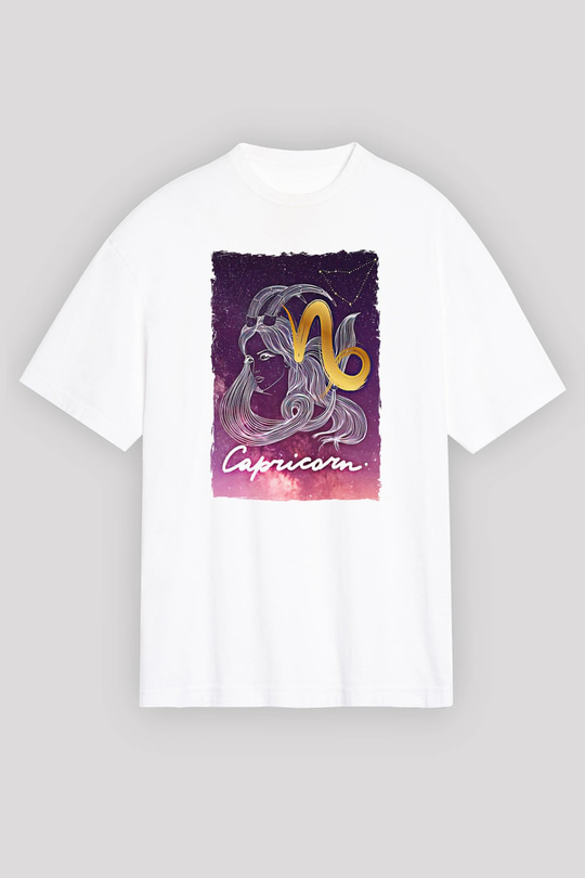 Oğlak Burcu Baskılı Beyaz Unisex Oversize Tişört - Tshirt