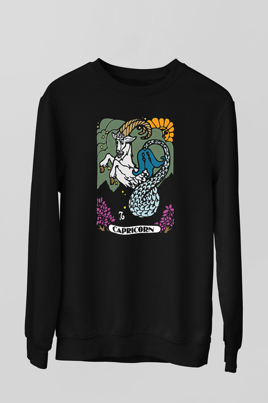 Oğlak Burcu Baskılı Unisex Siyah Sweatshirt