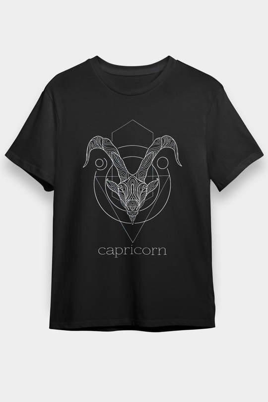 Oğlak Burcu Baskılı Unisex Siyah Tişört - Tshirt