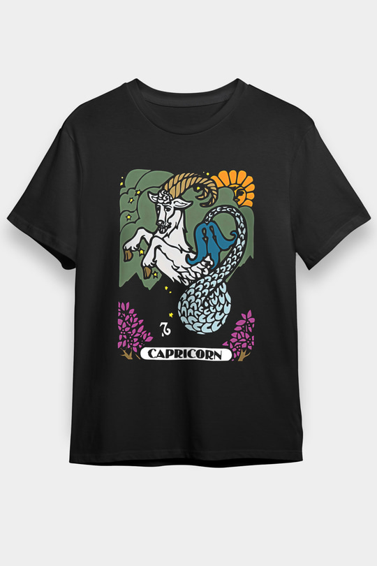 Oğlak Burcu Baskılı Unisex Siyah Tişört - Tshirt