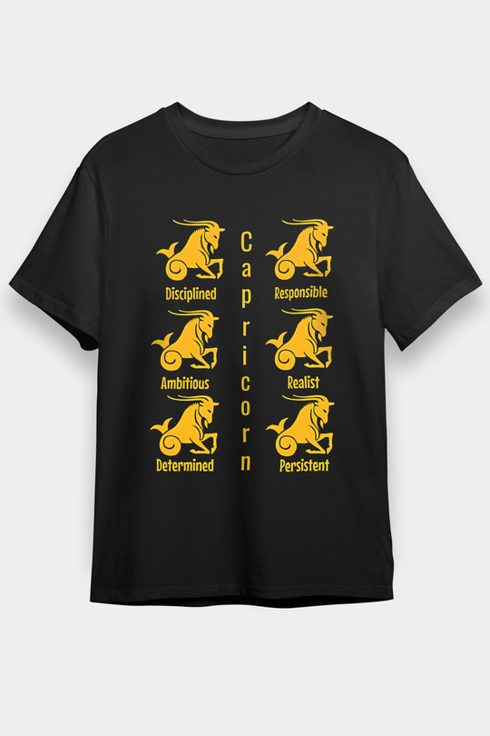 Oğlak Burcu Baskılı Unisex Siyah Tişört - Tshirt